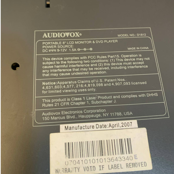 Collectible Portable AUDIOVOX 8" LCD Monitor & DVD Player D1812 & more UNTESTED - Picture 4 of 16